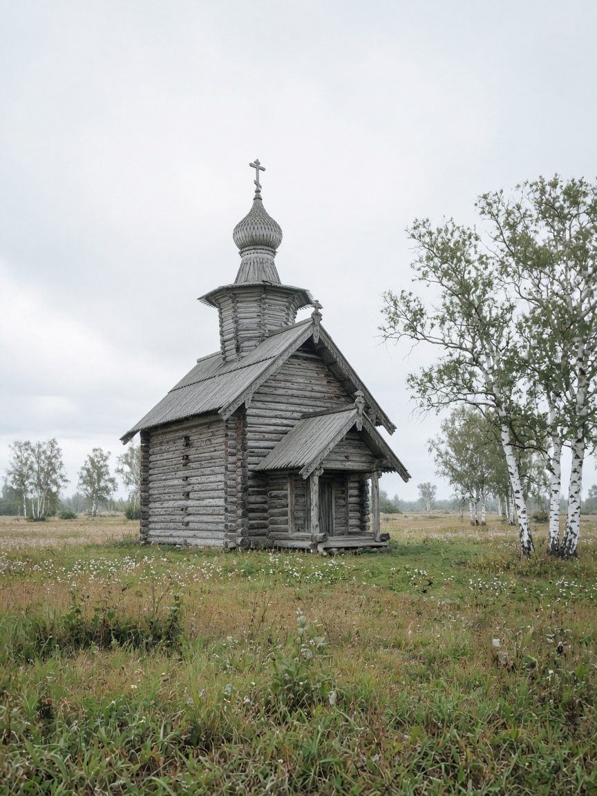Небольшая деревянная часовня в поле среди берёз